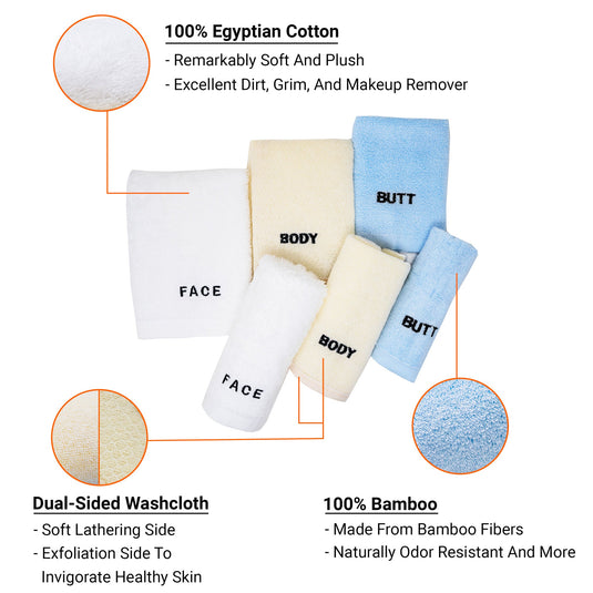 The Complete Washcloth Set – 6 Piece - For Face, Body, and Butt