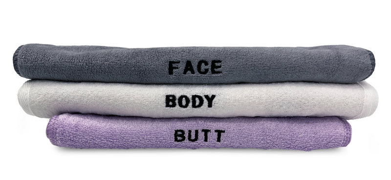 Load image into Gallery viewer, The Complete Washcloth Set  – 6 Piece - For Face, Body, and Butt - Purple, White, Grey
