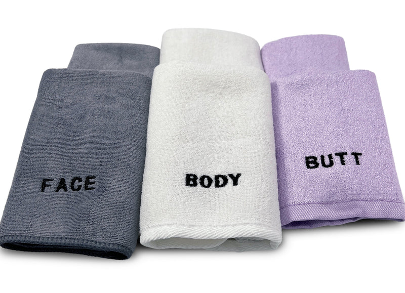 Load image into Gallery viewer, The Complete Washcloth Set  – 6 Piece - For Face, Body, and Butt - Purple, White, Grey
